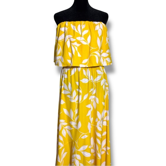 Tyche Bright Yellow with White Leaf Pattern Cinched Waist Strapless Maxi Dress - Picture 2 of 16